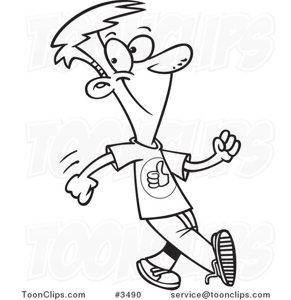 581x600 Cartoon Black And White Line Drawing Of A Boy Walking With A Good