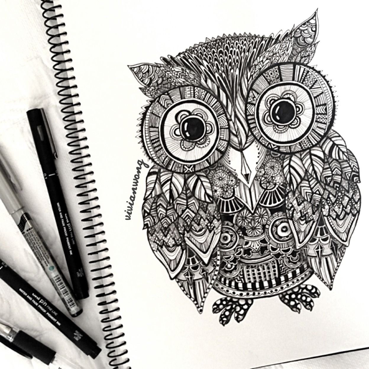 1248x1248 Zentangle Owl Black Fineliner Pen (Find Me