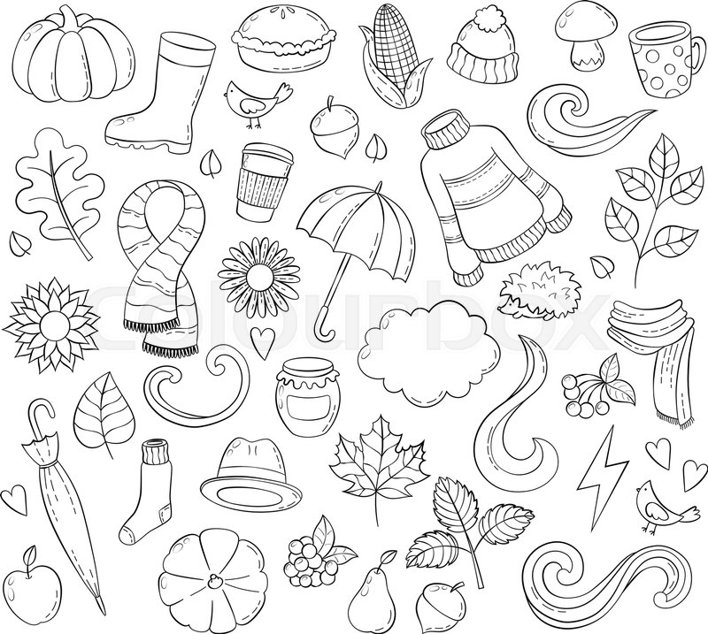 800x717 Set Autumn Hand Drawn Doodle Illustrations. Background, Template