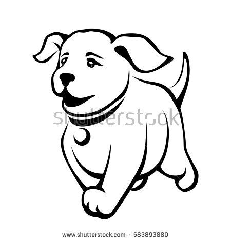 450x470 Vector Black Contour Drawing Of Cute Running Puppy Isolated On