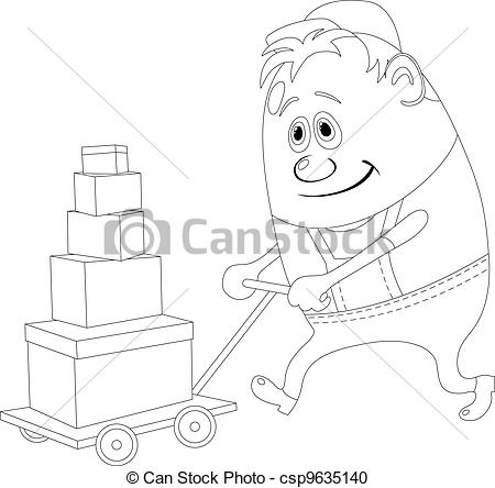 450x444 Worker With Hand Cart, Contour. Porter With Baggage Trolley