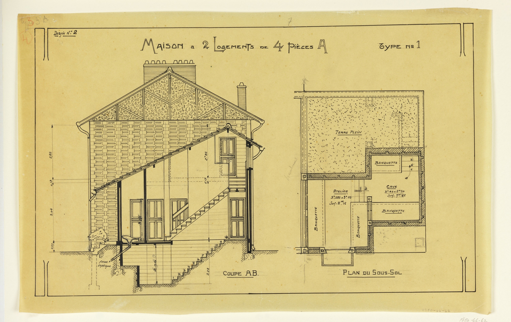 1024x645 Drawing, Rendering Of The Side Elevation And Basement Of A Two