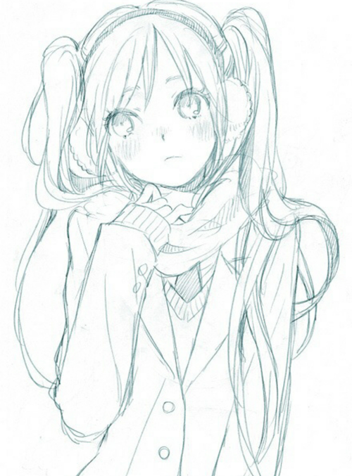 500x677 Anime Art Girl. Coat. Scarf. Earmuffs. Cold