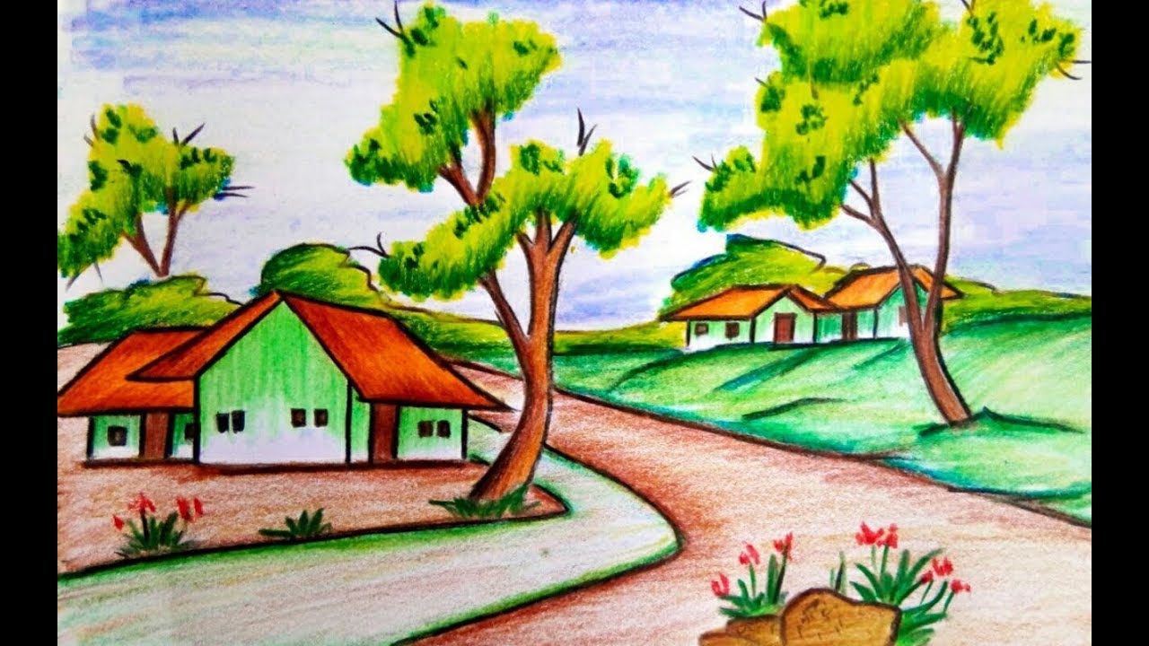 1280x720 How To Draw A Village Scenery Of Beautiful Nature Step By Step