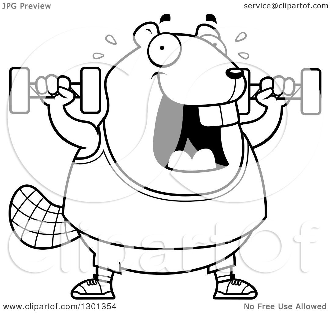 1080x1024 Outline Clipart Of A Cartoon Black And White Chubby Beaver Working