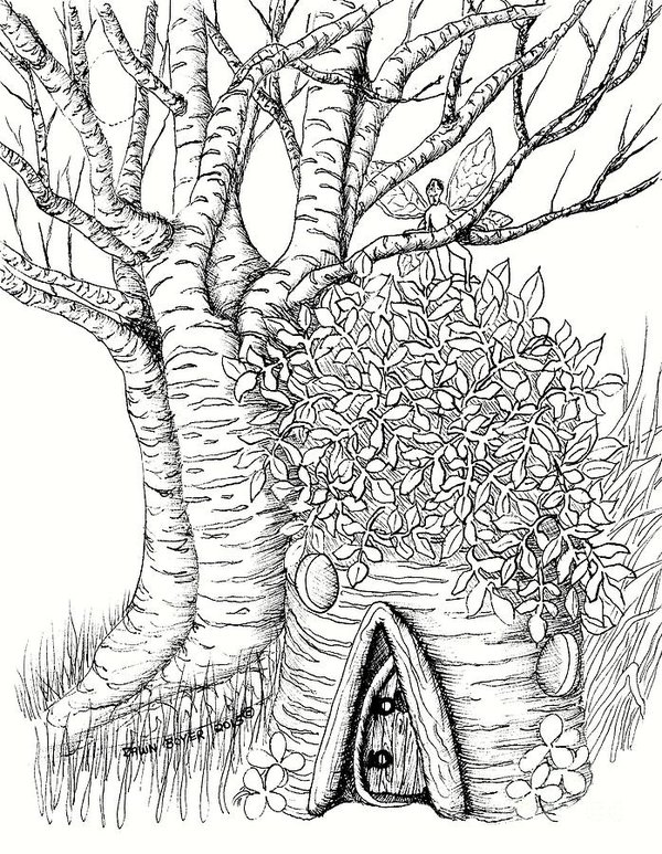 600x773 White Birch Stump Fairy House Art Print By Dawn Boyer