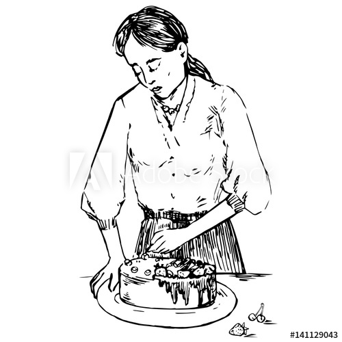 500x500 Young Beautiful Housewife Decorating Cake With Berries, Hand Drawn