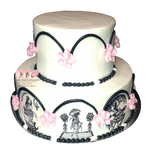 600x600 1904) 2 Tier Wedding Cake With Black Elegant Drawings