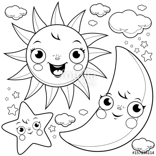 500x500 Cute Sun, Moon, Stars And Clouds. Black And White Coloring Page