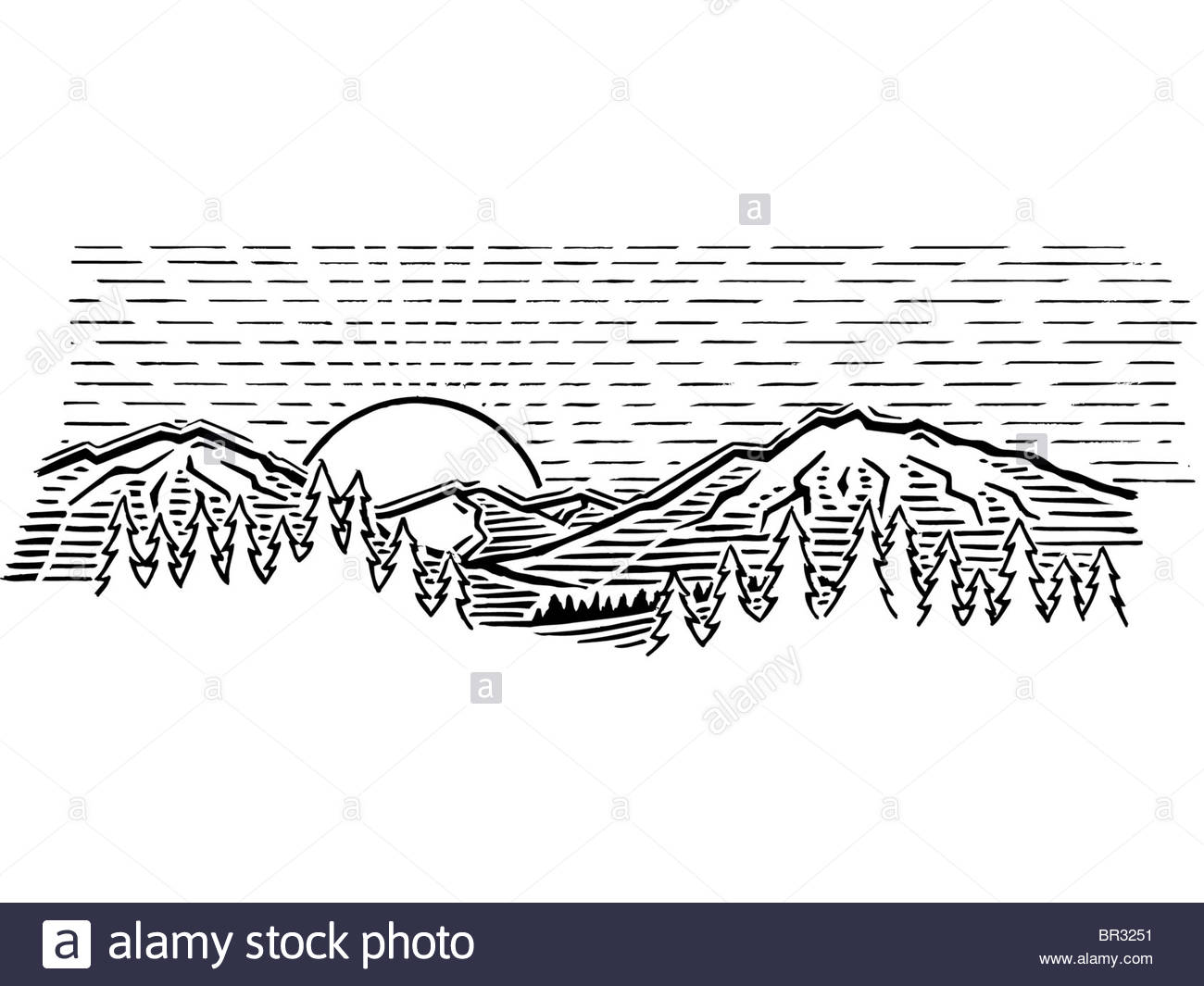 1300x1065 A Black And White Drawing Of The Sun Amidst The Mountains Stock