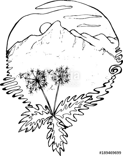 394x500 Black And White Drawing Of Mountains, Sun, Clouds, Dandelions