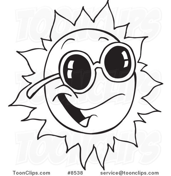 581x600 Cartoon Black And White Line Drawing Of A Happy Sun Wearing Shades