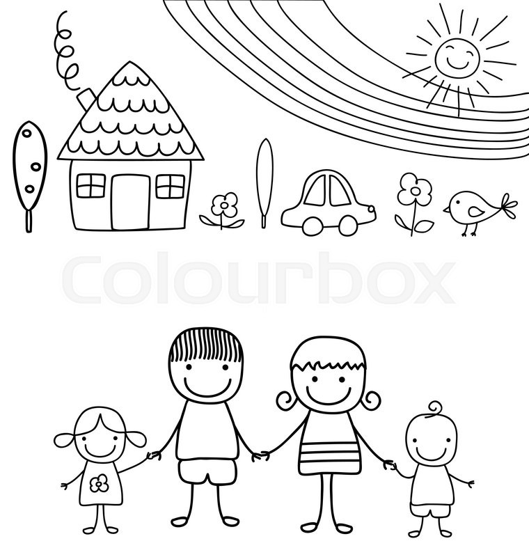 760x800 Happy Family And Rainbow, Black And White Child Like Drawing