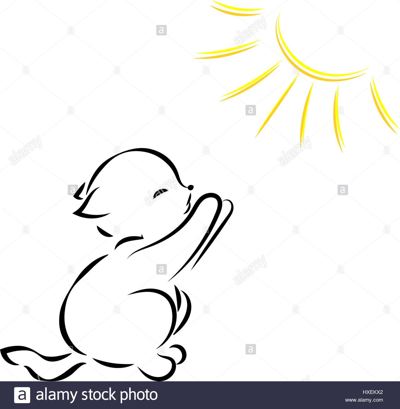 1300x1329 Vector Black Outline Drawing Of A Cat In The Sun On A White Stock