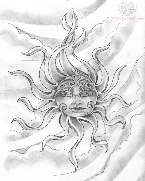 570x710 Black And White Sun Tattoo Drawing