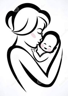 236x334 Mother And Baby Vector Silhouette, Sketch In Black Lines By