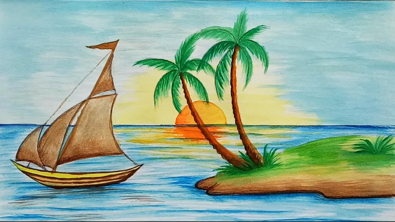 1280x720 How To Draw Scenery Of Island With Water Colour Step By Step