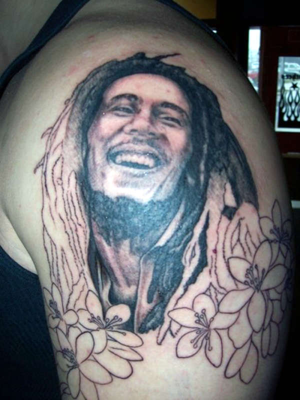 600x800 Outline Flowers And Bob Marley Tattoo On Shoulder