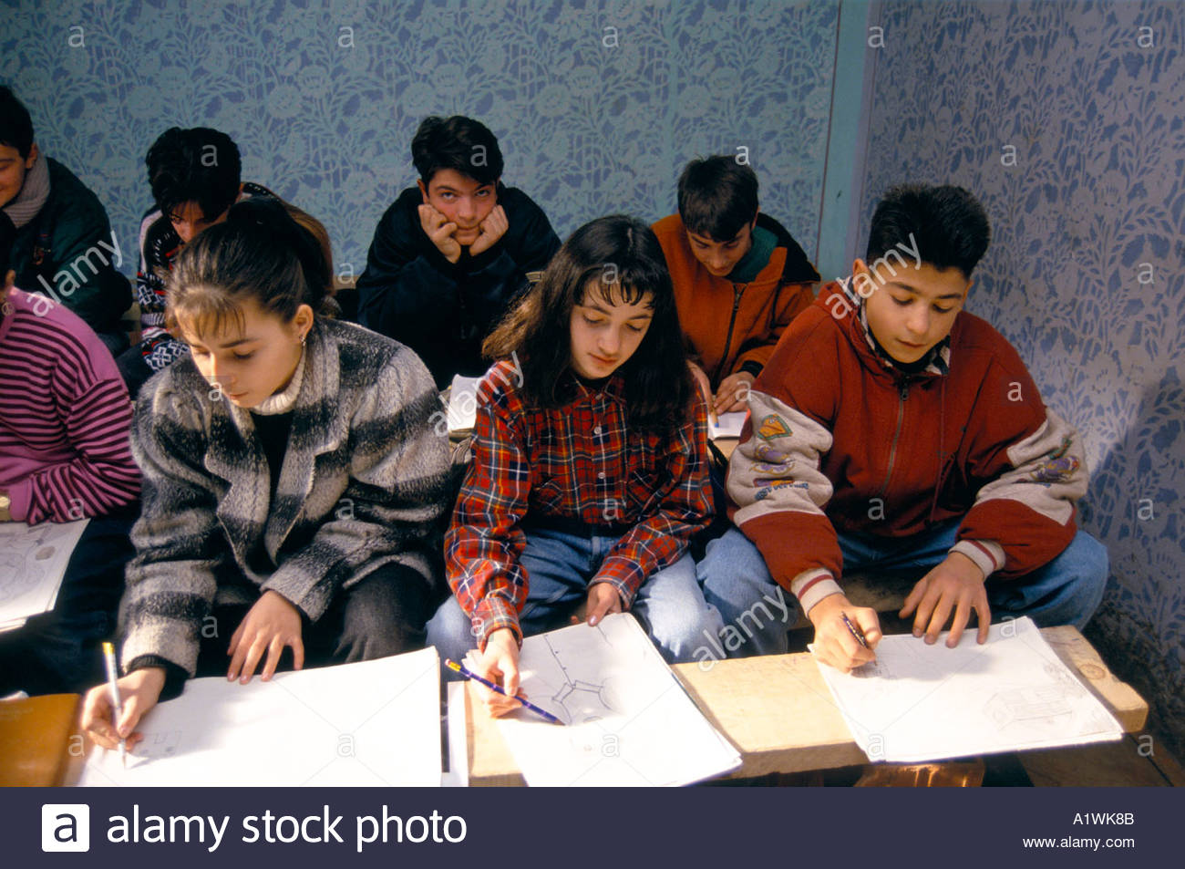 1300x953 Teenage Boys And Girls Sitting Together On Benches Drawing