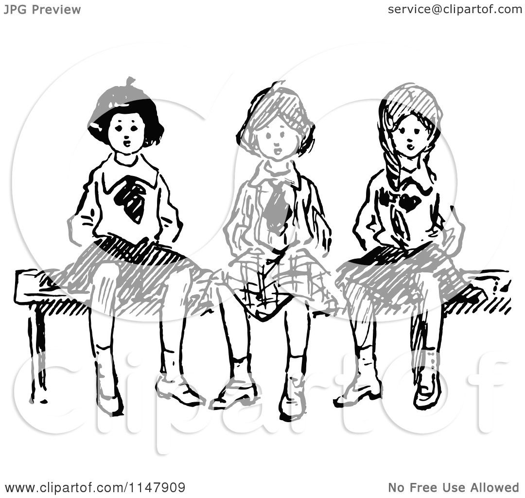 1080x1024 Clipart Of Retro Vintage Black And White Girls Sitting On A Bench