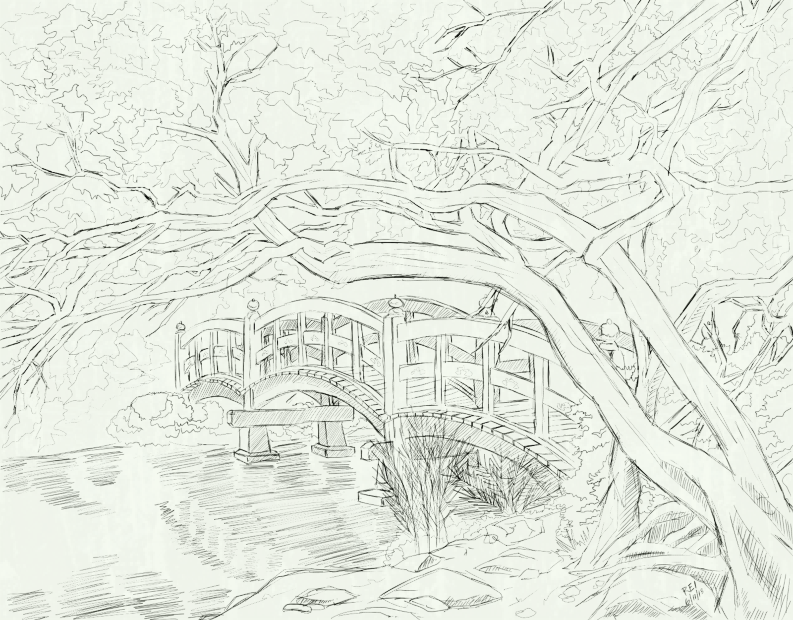 1600x1250 Japanese Garden Drawing Brilliant Bridge Stone To Inspiration L