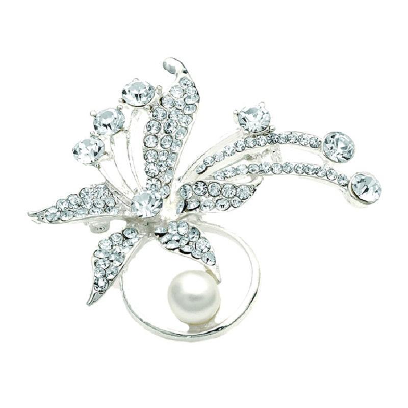 800x800 Crystal, Silver Tone And Cream Mock Pearl Flower Brooch Retro Styler