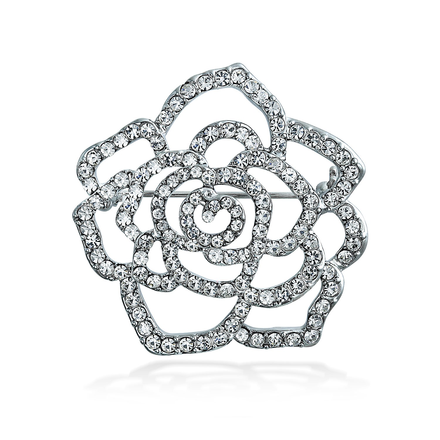 1500x1500 Pave Clear Crystal Outline Flower Brooch Rose Pin