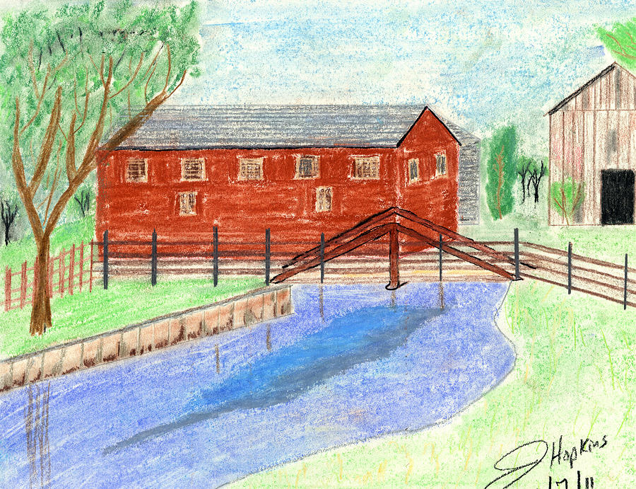 900x691 Barn By The Brook Drawing By John Hoppy Hopkins