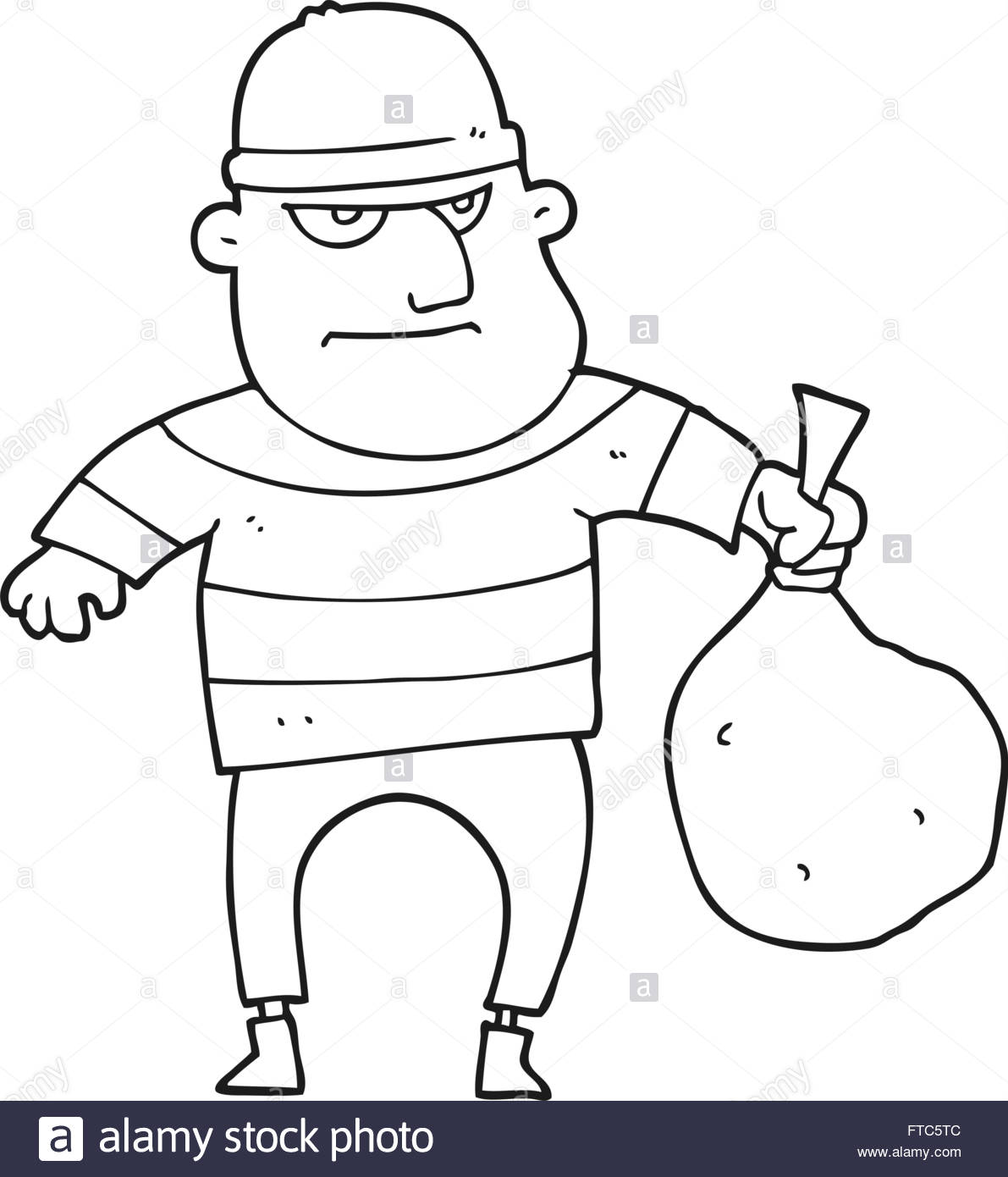 1191x1390 Freehand Drawn Black And White Cartoon Burglar With Loot Bag Stock
