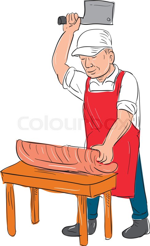 487x799 Illustration Of A Butcher Cutting Meat On Bench Done In Hand