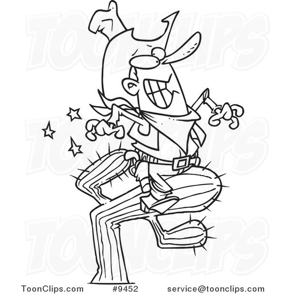 581x600 Cartoon Black And White Line Drawing Of A Cowboy Riding A Cactus
