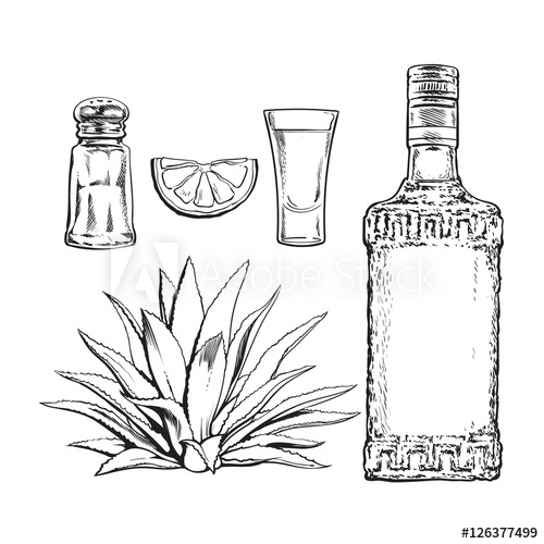 500x500 Set Black White Of Tequila Bottle, Shot, Salt Mill, Agave