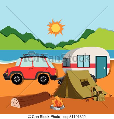 450x470 Cameground With Tent And Caravan Illustration Vector Illustration