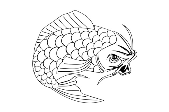 580x386 Koi Carp Fish Jumping Line Drawing By P Design Bundles