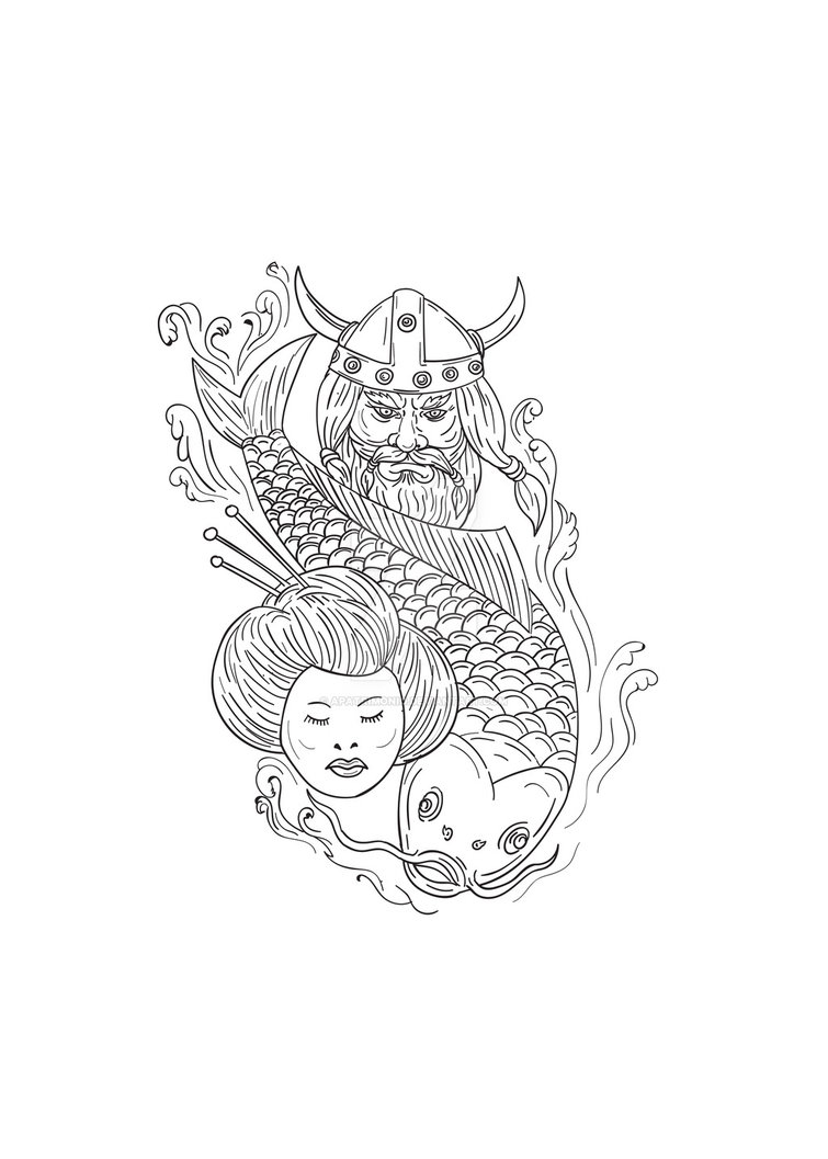 755x1057 Viking Carp Geisha Head Black And White Drawing By Apatrimonio