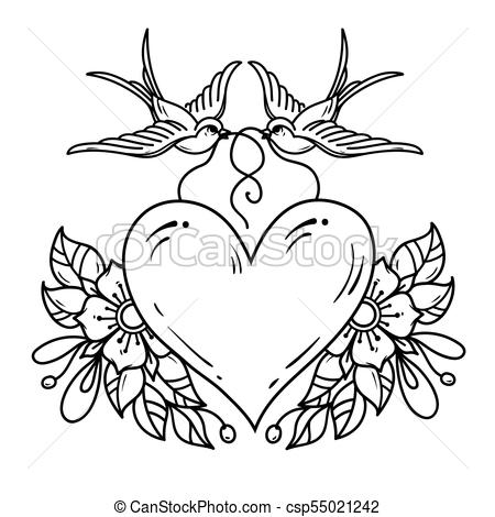 450x470 Two Swallows Carry Heart Decorated With Flowers. Two Swallows