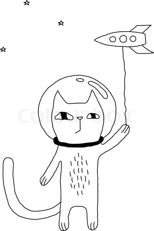 532x800 Cartoon Cat Illustration With Space Cat And A Rocket. Cute Vector