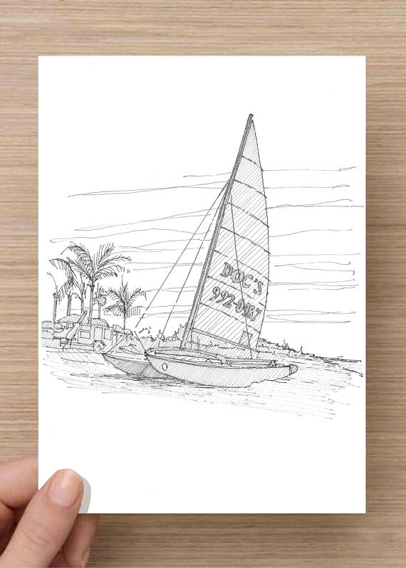 570x798 Ink Drawing Of Catamaran Sailboat On Beach In Naples Florida