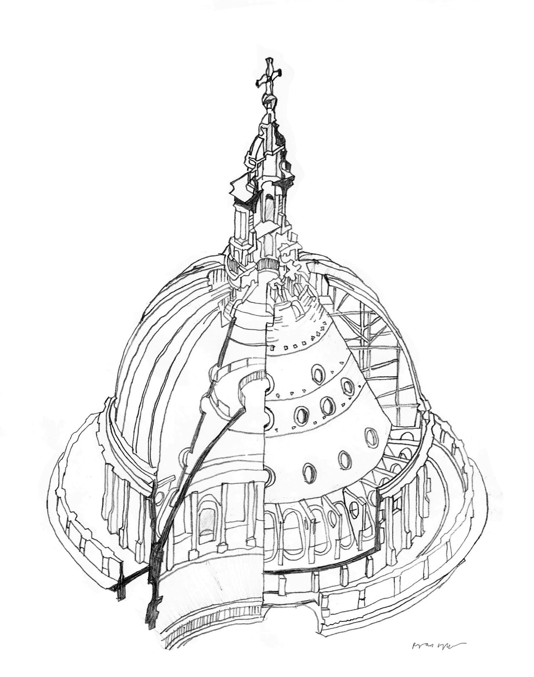 2083x2643 Freehand Sectional Study Of St Paul's Cathedral Drawn On Location
