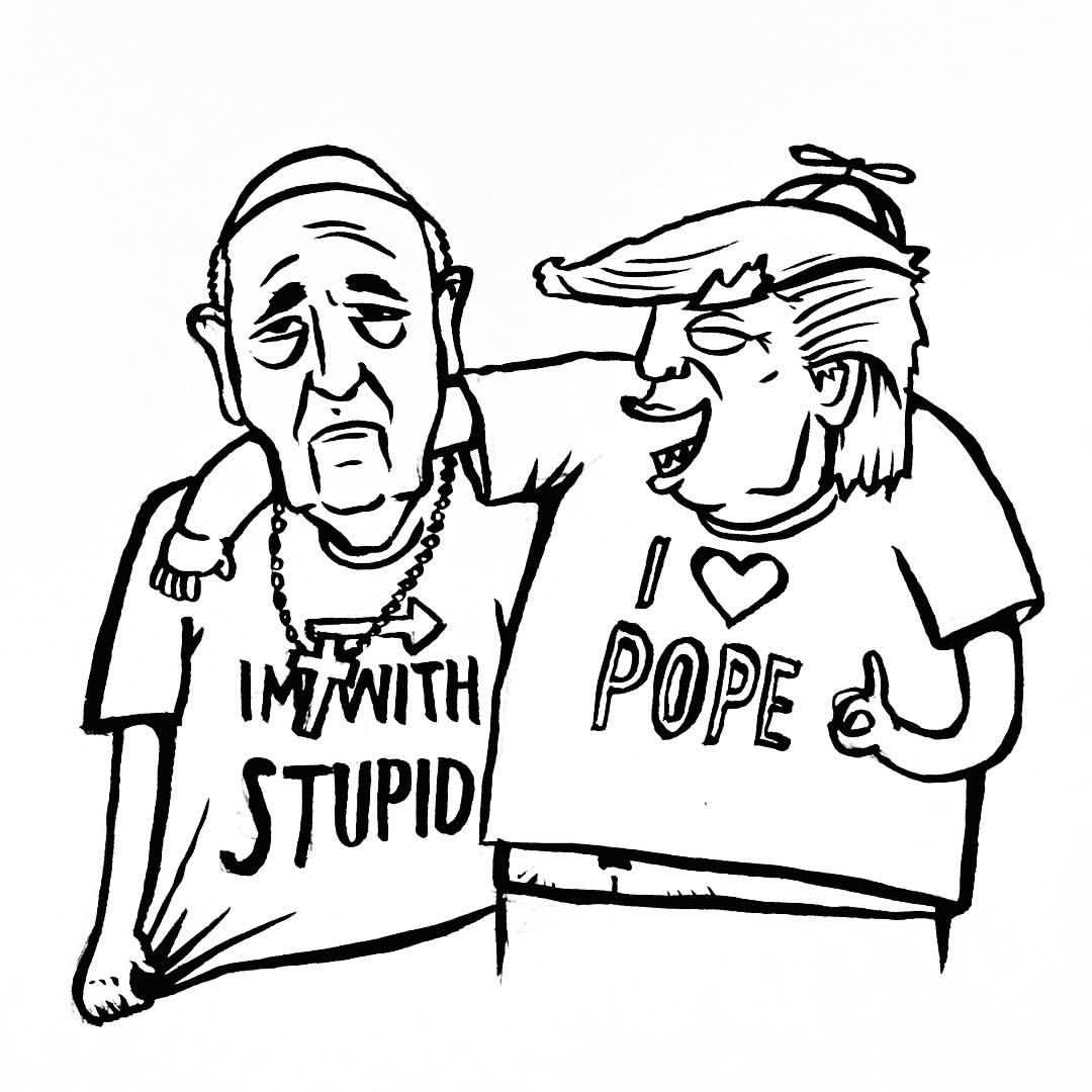 1080x1080 Donald Trump World Tour Illustration. Featuring The Pope. Black