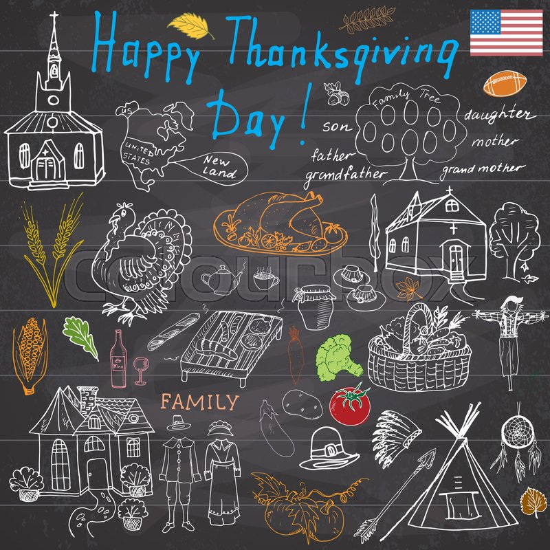 800x800 Thanksgiving Doodles Set. Traditional Symbols Sketch Collection