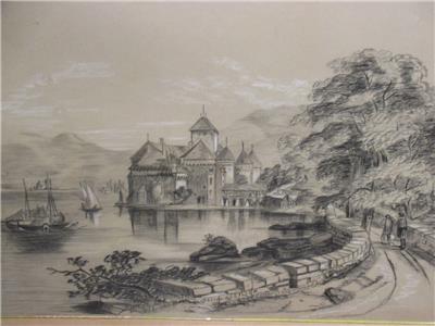 400x300 Antique Pencil Drawing Chateau De Chillon Geneva Signed G.j.