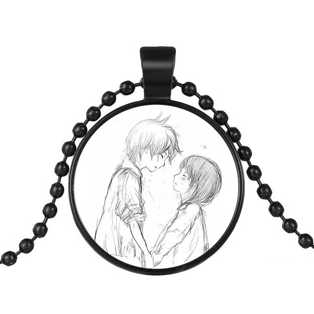 640x640 Boy Girl Sketch Pattern Pendant Necklace Black Chain Choker