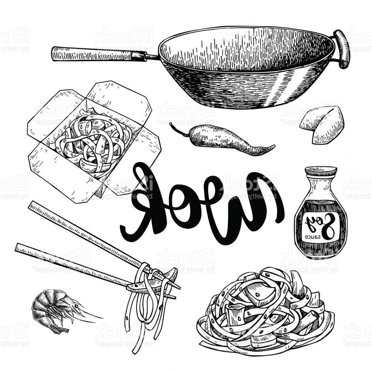 1228x1228 Wok Vector Drawing With Lettering Isolated Chinese Box And Chop Gm