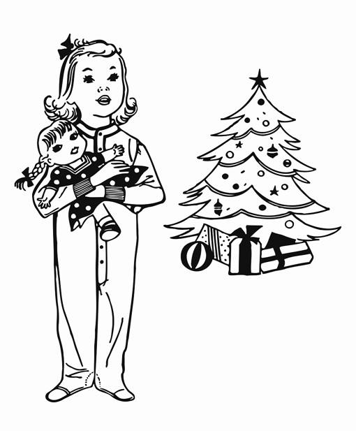 510x617 Little Girl Holding Doll At Christmas Printable Image Illustration