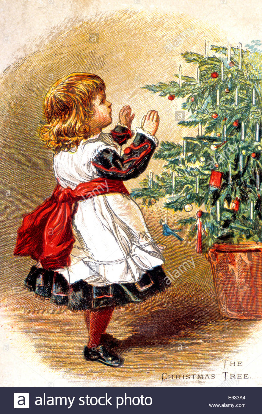 881x1390 1900s Drawing Small Girl Child Looking At Christmas Tree Wearing
