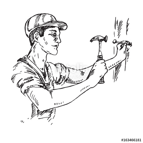 500x500 Craftsman In A Helmet Clogs A Nail, Hand Drawn Outline Doodle