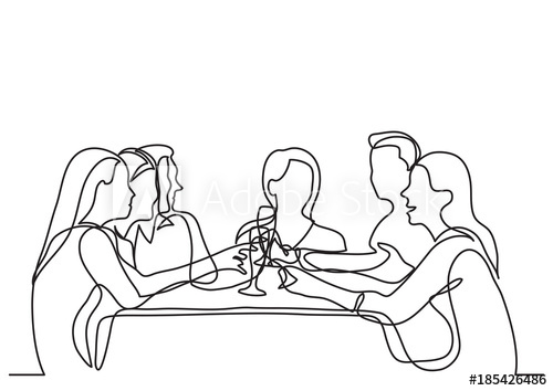 500x354 Continuous Line Drawing Of Company Of Friends Dining In Restaurant