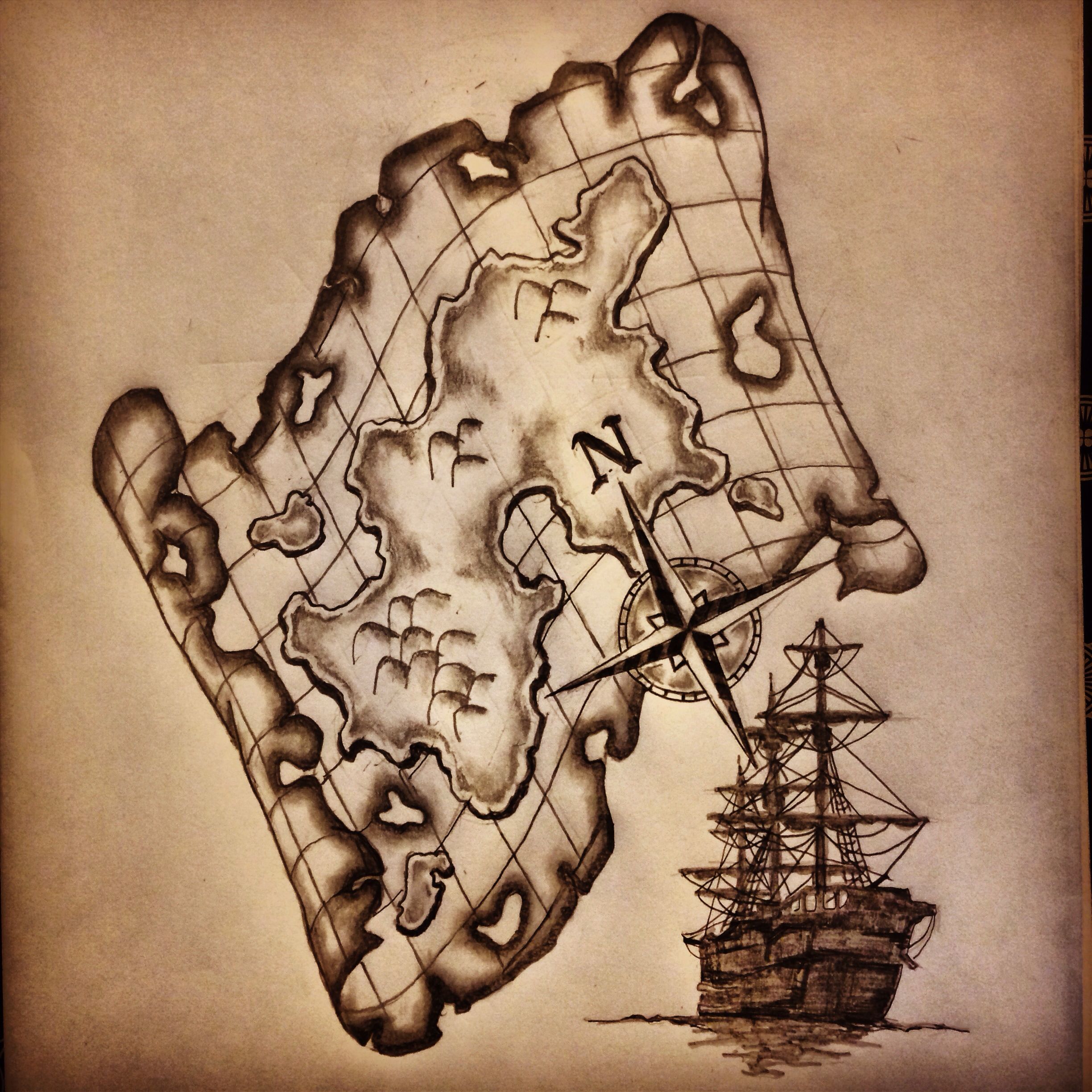 2448x2448 Map Ship Compass Tattoo Sketch Drawing By