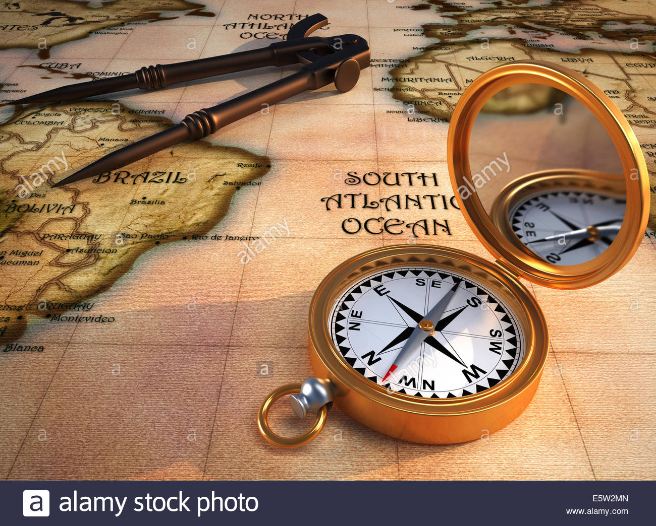 1300x1044 Old Drawing Compass, Orientation Compass, And An Old Map. 3d